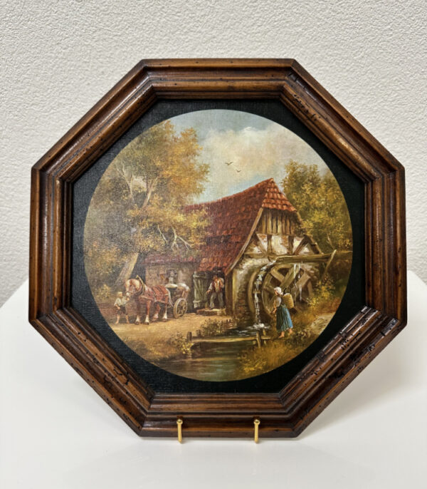 Vintage gerahmtes Wandbild "Vor der Mühle" von Elizabeth Paetz-Kalich im Buco-Holzrahmen ca. 1960er Jahre