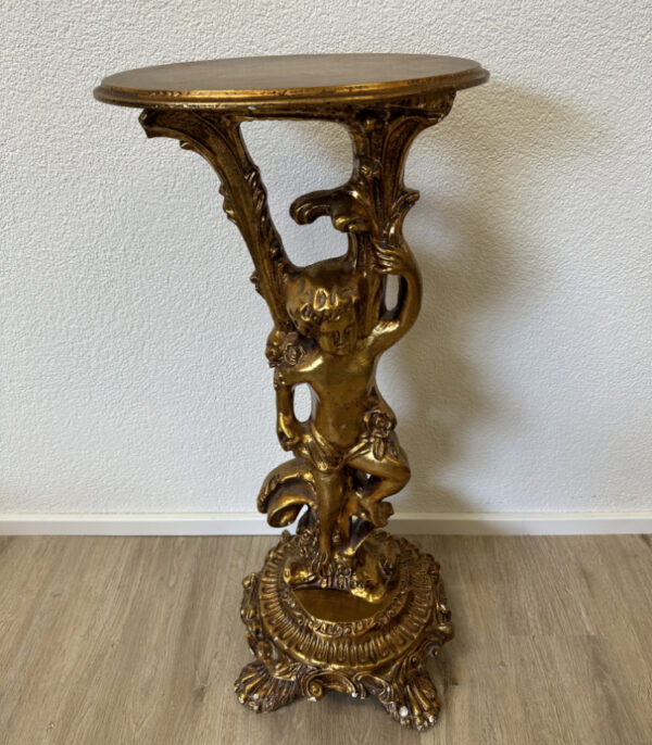 Antiker Historismus Beistelltisch mit Putto-Figur und vergoldeter Fassung, ca. Ende 19. Jahrhundert