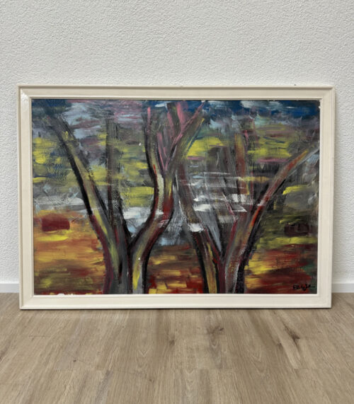 Vintage abstraktes Landschaftsgemälde signiert "Rolando" im weissen Holzrahmen, ca. 1980er-1990er Jahre