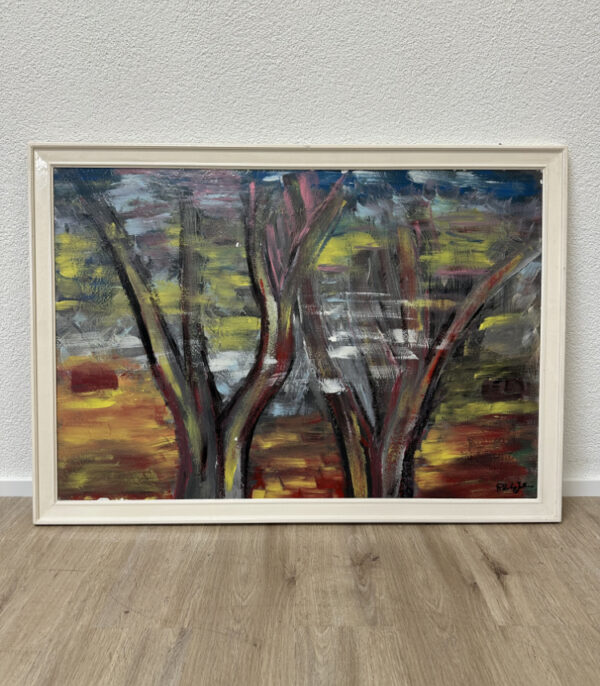 Vintage abstraktes Landschaftsgemälde signiert "Rolando" im weissen Holzrahmen, ca. 1980er-1990er Jahre