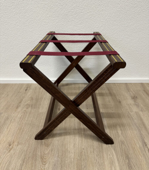 Vintage Kofferablage aus Holz mit roten Gurten und Messingstreifen (ca. 1960er-1970er Jahre)