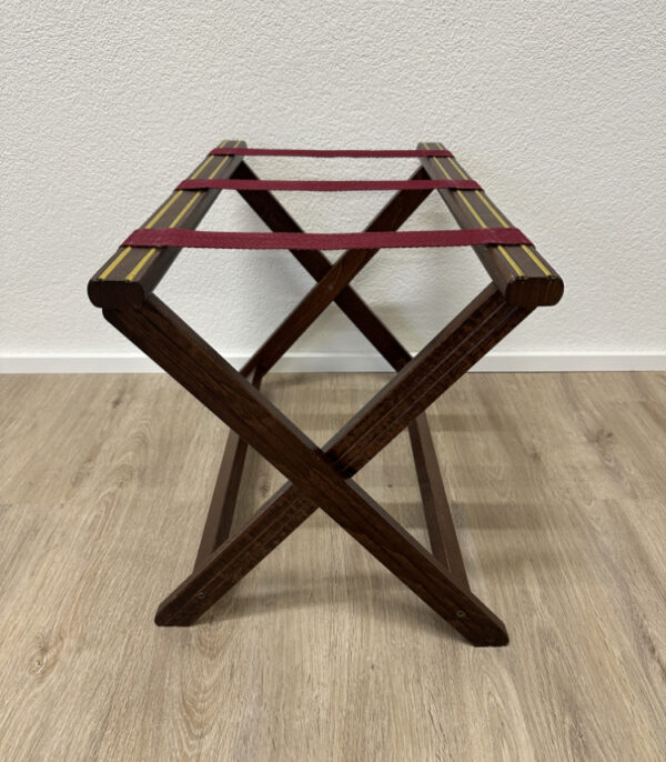 Vintage Kofferablage aus Holz mit roten Gurten und Messingstreifen (ca. 1960er-1970er Jahre)