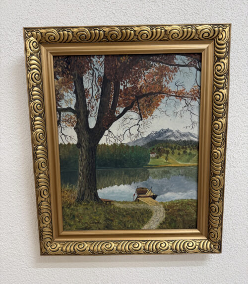 Vintage Landschaftsbild mit See, Boot und Bergpanorama im Goldrahmen, ca. 1960er-1980er Jahre