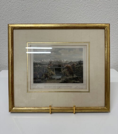 Antiker kolorierter Stich Bern mit der Eisenbahnbrücke im Goldrahmen, 19. Jahrhundert
