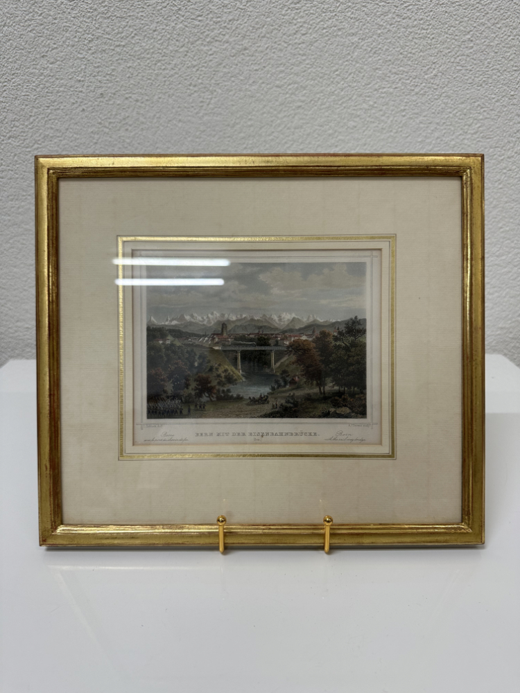 Antiker kolorierter Stich Bern mit der Eisenbahnbrücke im Goldrahmen, 19. Jahrhundert