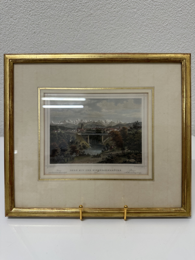Antiker kolorierter Stich Bern mit der Eisenbahnbrücke im Goldrahmen, 19. Jahrhundert – Bild 2