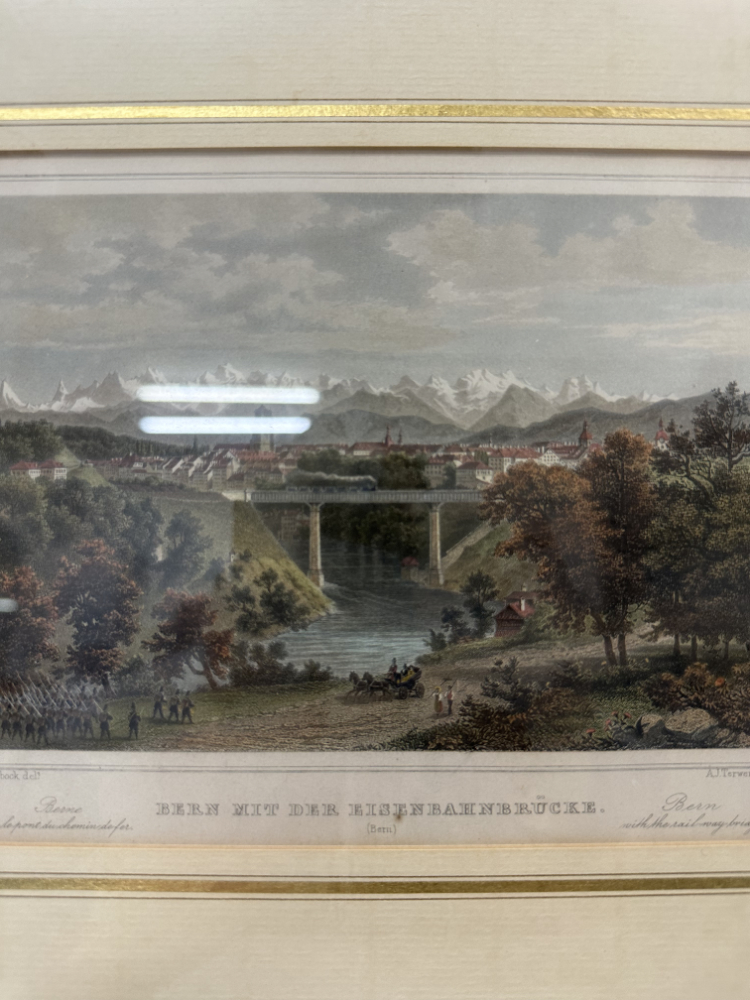 Antiker kolorierter Stich Bern mit der Eisenbahnbrücke im Goldrahmen, 19. Jahrhundert – Bild 3
