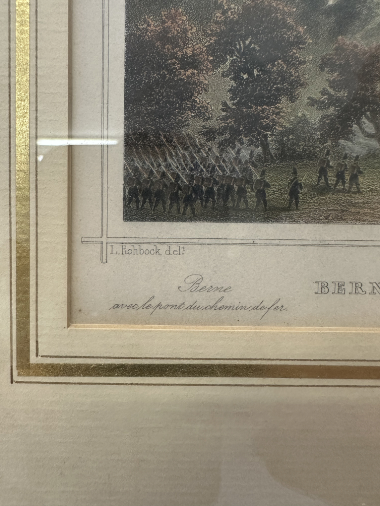 Antiker kolorierter Stich Bern mit der Eisenbahnbrücke im Goldrahmen, 19. Jahrhundert – Bild 4