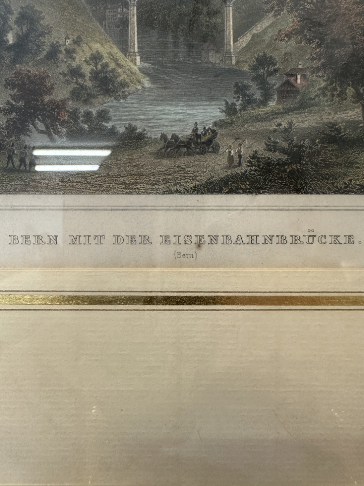 Antiker kolorierter Stich Bern mit der Eisenbahnbrücke im Goldrahmen, 19. Jahrhundert – Bild 5