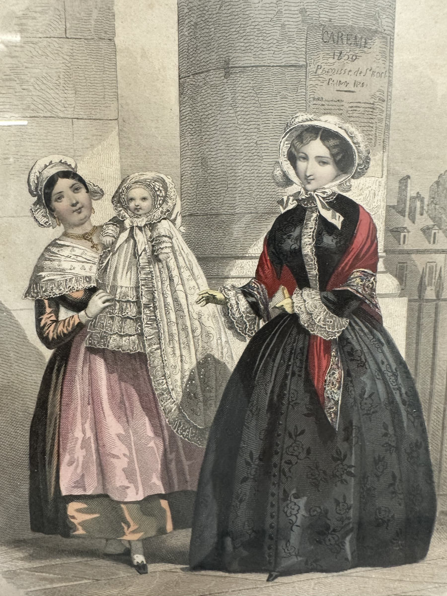 Antiker Mode-Stich "Le Moniteur de la Mode" im Holzrahmen mit Goldkante – Bild 4