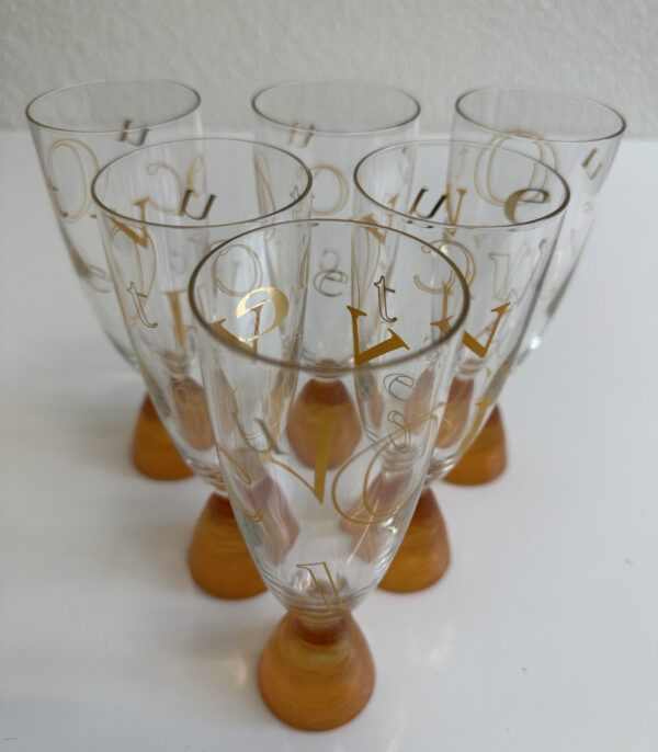 Design Champagnergläser 6 Stück mit Goldrand und bernsteinfarbenem Fuss