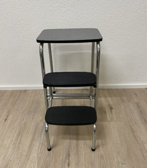 Vintage Tubessor Küchenleiter mit Ablage aus Chromstahl und Holz