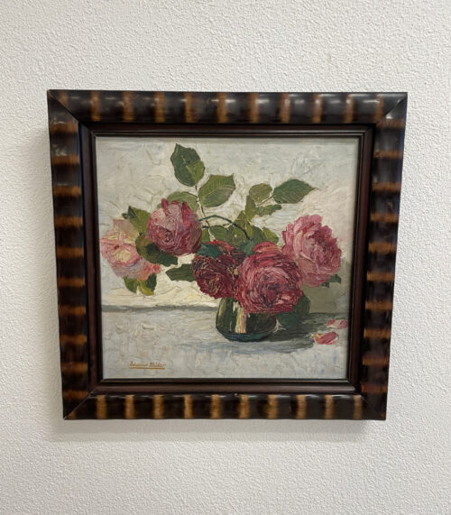 Antikes Ölbild Rosenstillleben auf Leinwand, signiert Eduard Müller, 62 x 62 cm