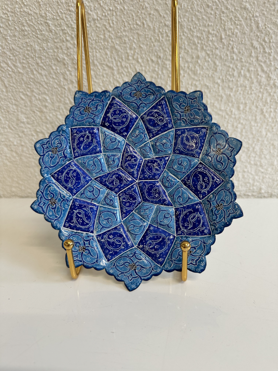 Handbemalter persischer Emaille Wandteller in Blau mit Aufhängung – Bild 2