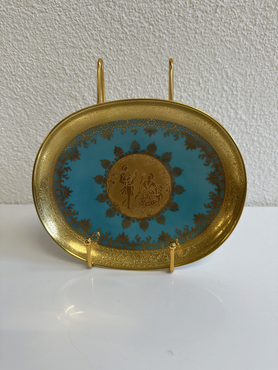 DW Fine Porcelain Zierteller oval in Türkis mit Golddekor