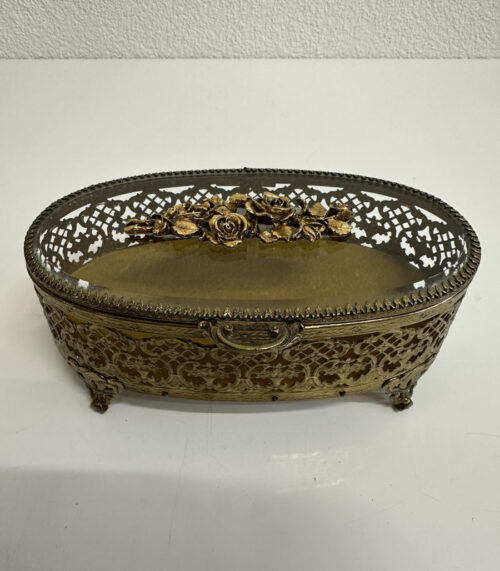 Vintage Matson Schmuckdose aus Messing mit Glasdeckel und Rosenrelief, ca. 1950er-1970er Jahre
