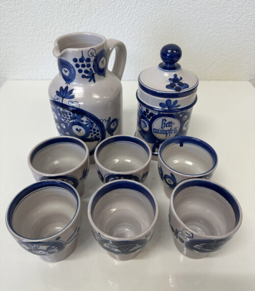 Vintage handgemachtes Keramik Set Luzerner Keramik mit Blaumalerei, ca. Mitte 20. Jahrhundert