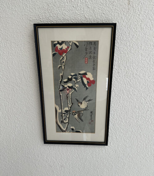 Vintage Japanischer Kunstdruck nach Utagawa Hiroshige mit Spatzen und Kamelien