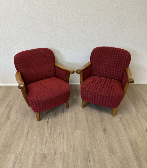 Vintage Mid Century Cocktailsessel 2er Set mit rotem Hahnentritt Stoff