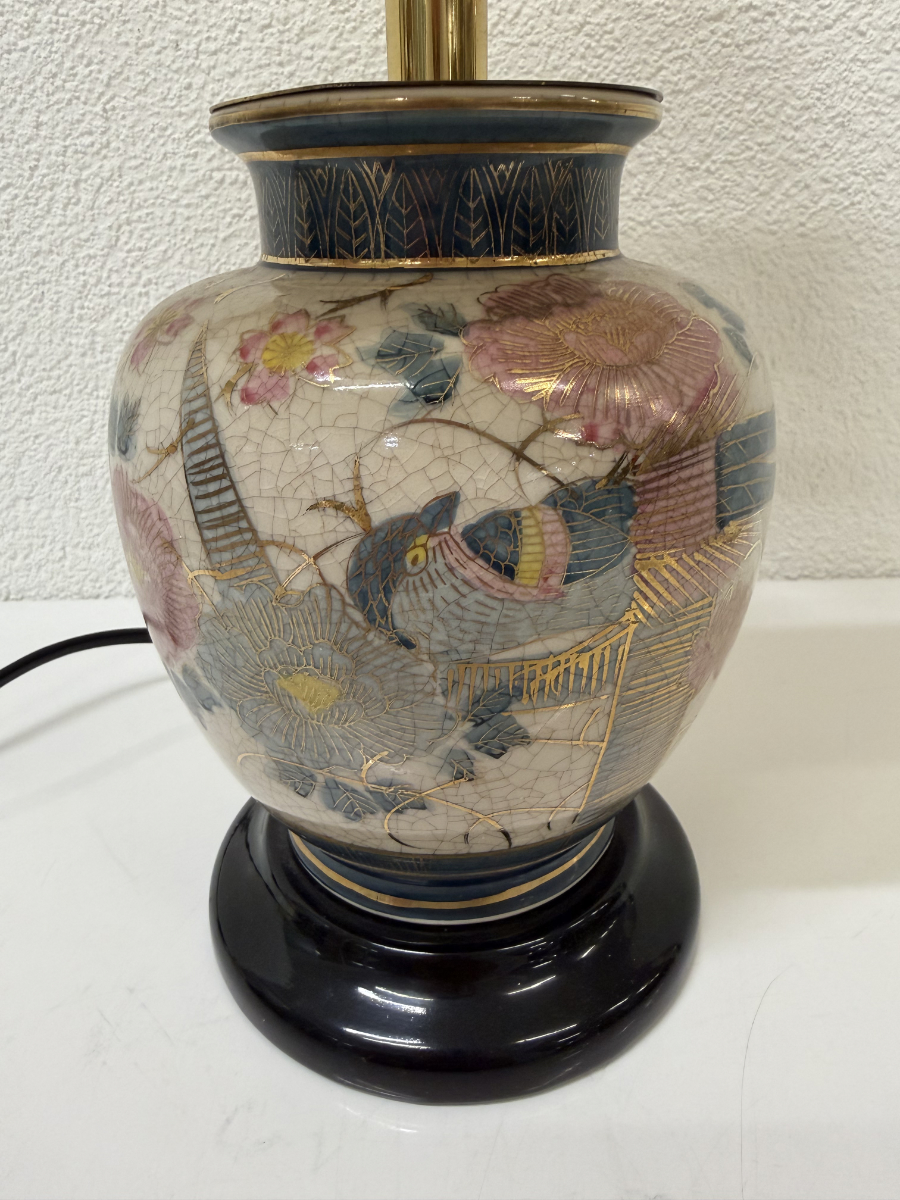 Vintage japanische Tischlampe mit Keramikfuss und Stoffschirm – Bild 5