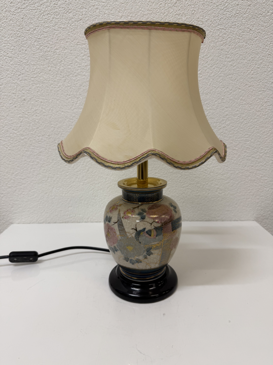 Vintage japanische Tischlampe mit Keramikfuss und Stoffschirm – Bild 10