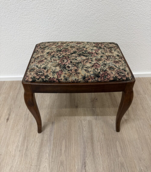 Vintage Biedermeier Hocker aus Holz mit floraler Stoffpolsterung