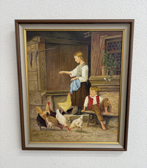 Vintage Ölgemälde «Mädchen, Hühner fütternd» nach Albert Anker von E. Kurti