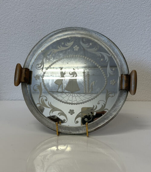 Vintage Art-Déco Spiegeltablett im Murano Stil, mit Metallgriffen, um 1930