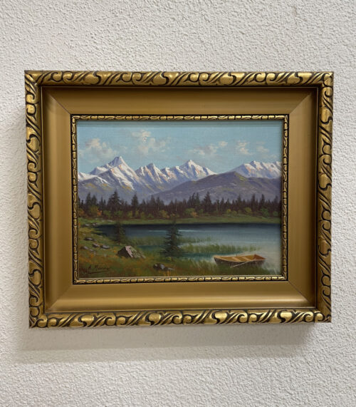 Ölbild Alpenlandschaft mit See und Boot, signiert A. Marmet, 40 x 34 cm