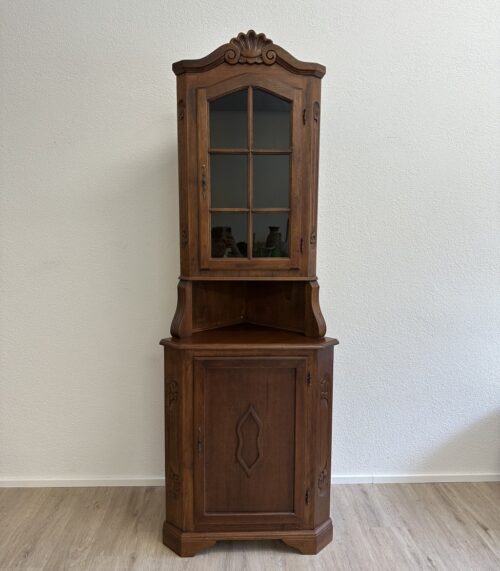 Holz Eckschrank mit Glasvitrine und Stauraum