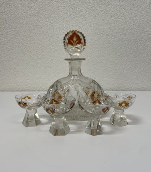 Vintage Kristall Likörkaraffe mit 4 Gläsern orange dekoriert