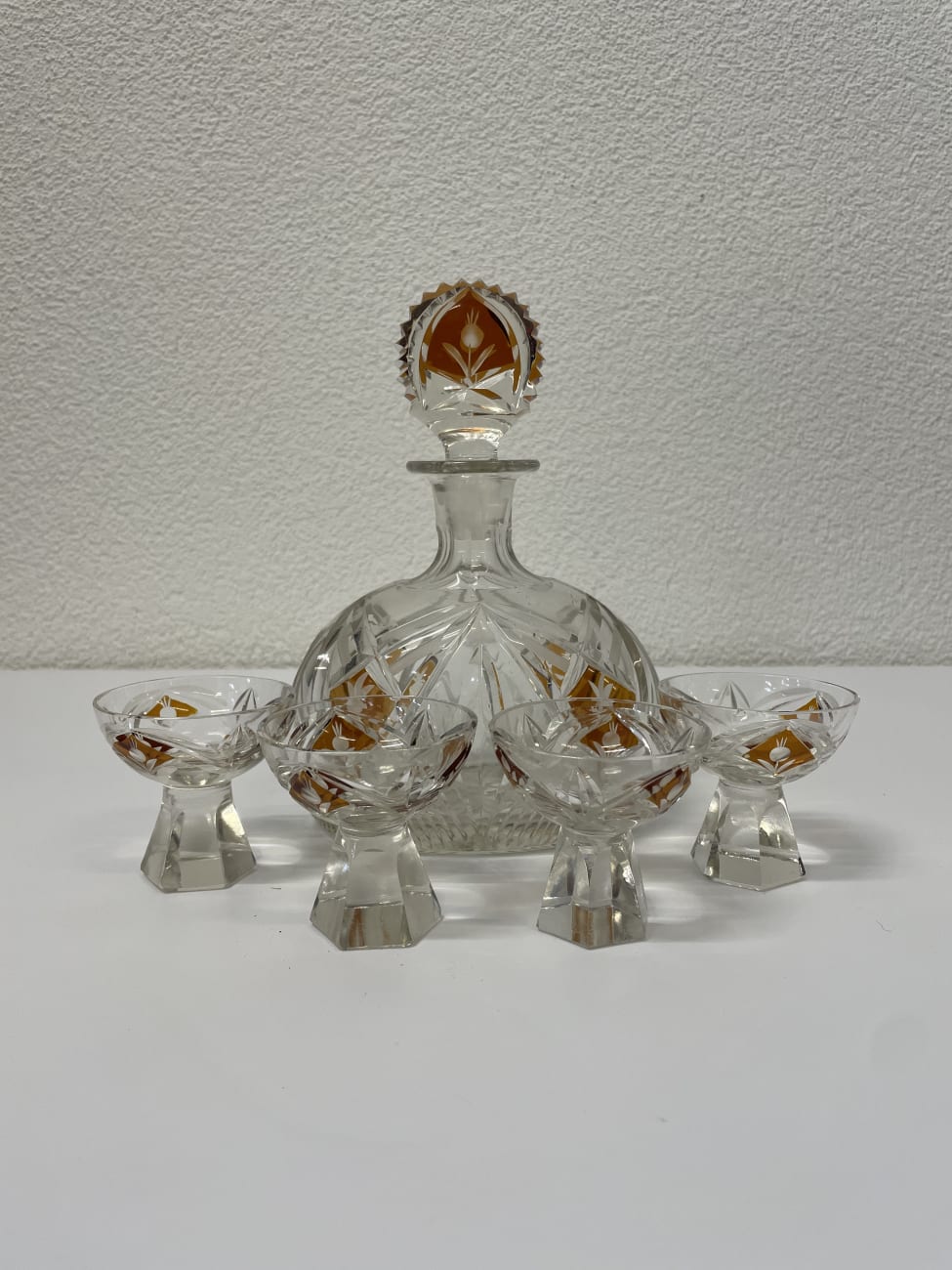 Vintage Kristall Likörkaraffe mit 4 Gläsern orange dekoriert