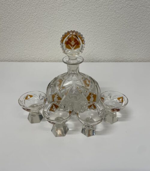 Vintage Kristall Likörkaraffe mit 4 Gläsern orange dekoriert