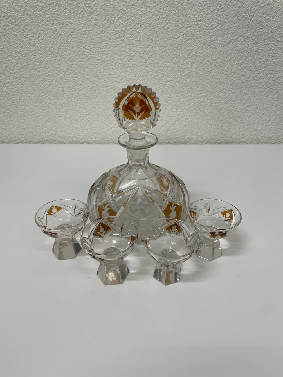 Vintage Kristall Likörkaraffe mit 4 Gläsern orange dekoriert