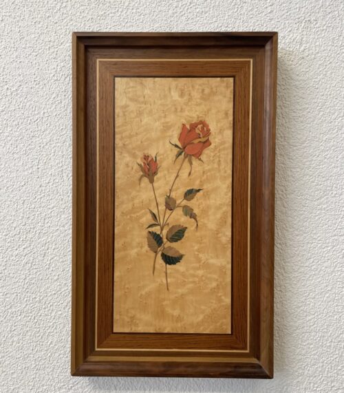 Vintage Wandbild mit Rosen aus Holzintarsien Kipfer Luzern
