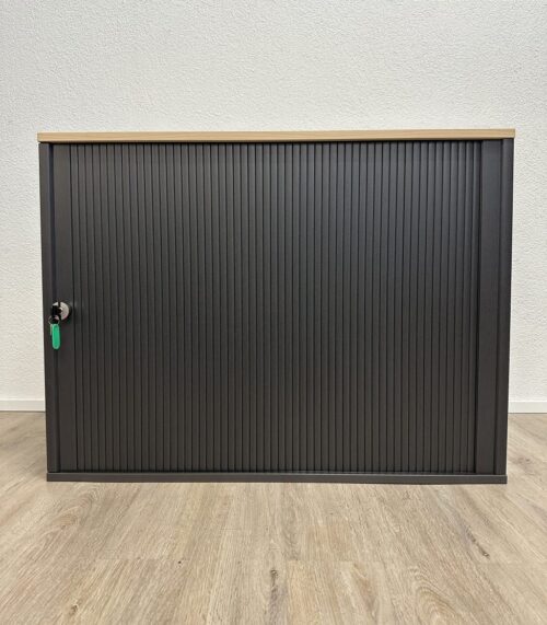 Büroschrank mit Schiebetüren sedus schwarz mit Holzplatte