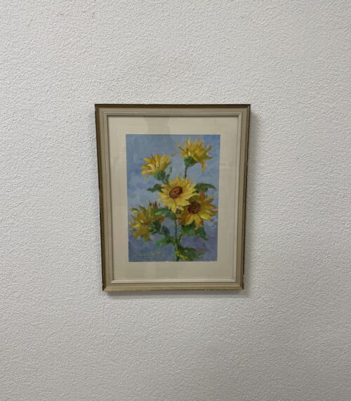 Modernes Ölgemälde Sonnenblumen mit Holzrahmen und Glas