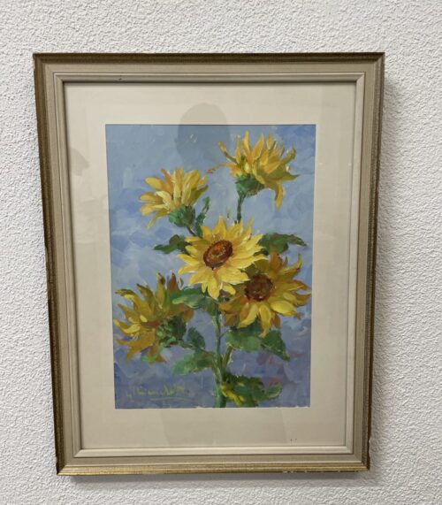 Modernes Ölgemälde Sonnenblumen mit Holzrahmen und Glas