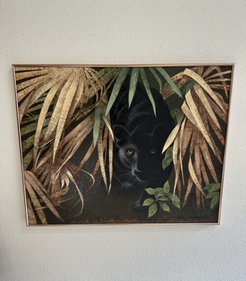 Modernes Ölgemälde Panther im Blattwerk auf Leinwand signiert