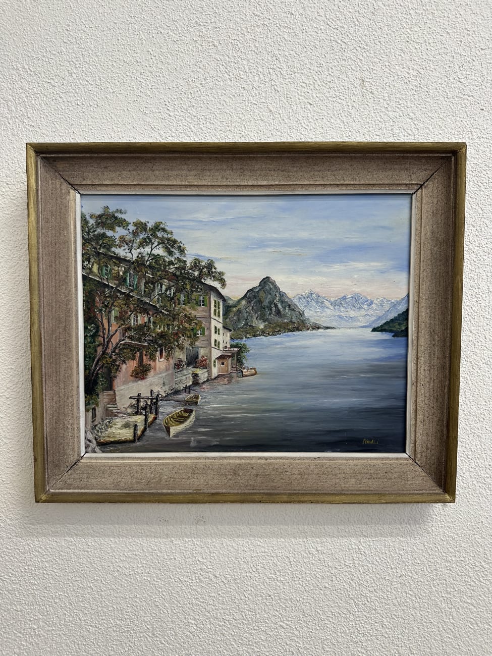 Vintage Ölgemälde Landschaft mit See und Booten signiert