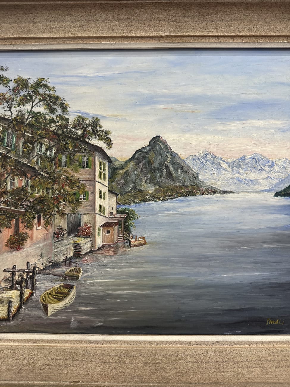 Vintage Ölgemälde Landschaft mit See und Booten signiert