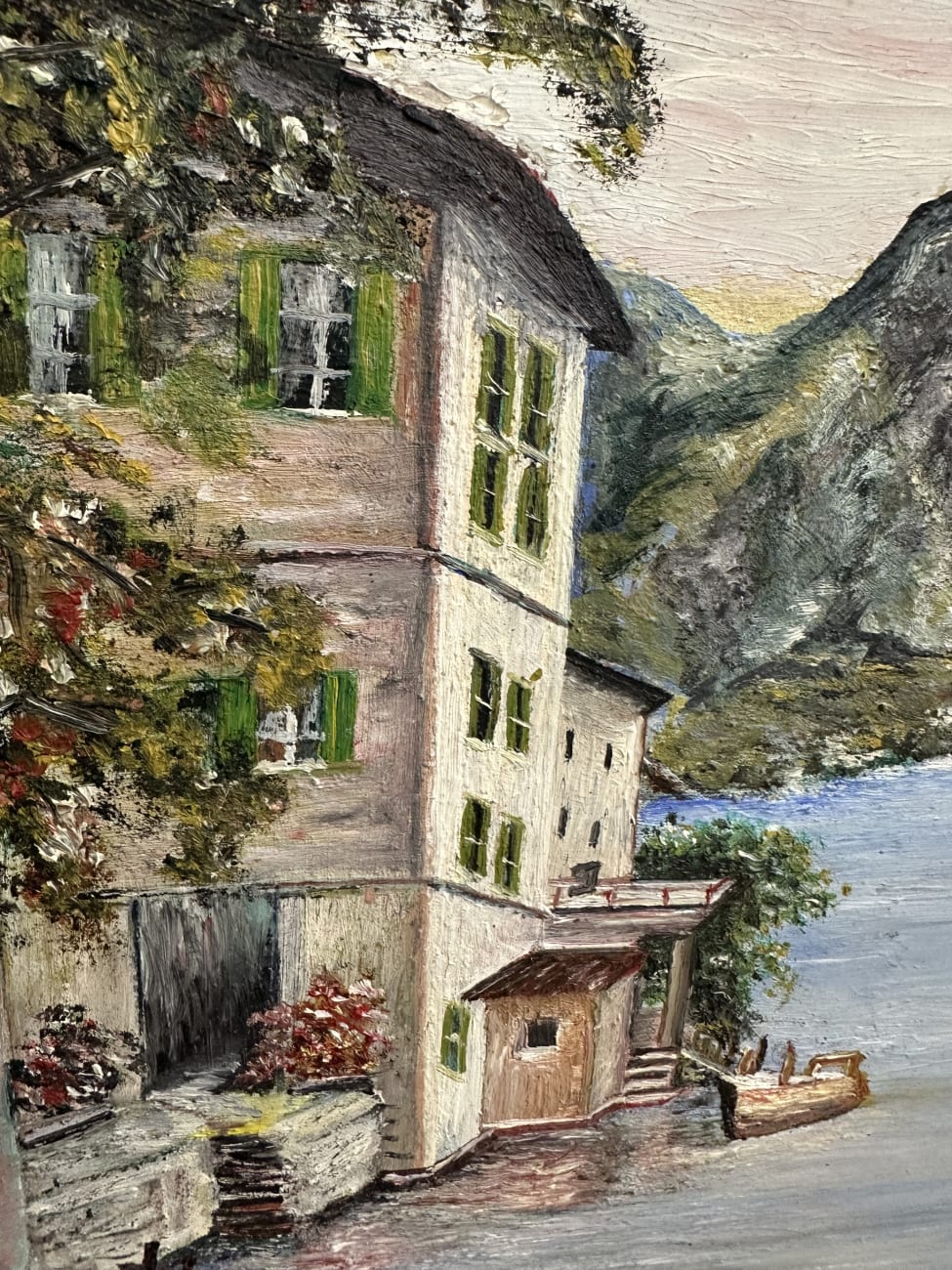 Vintage Ölgemälde Landschaft mit See und Booten signiert