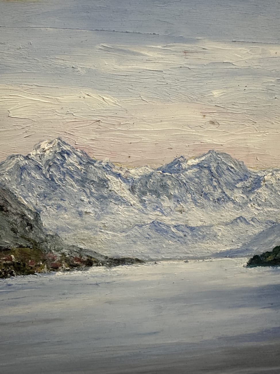 Vintage Ölgemälde Landschaft mit See und Booten signiert