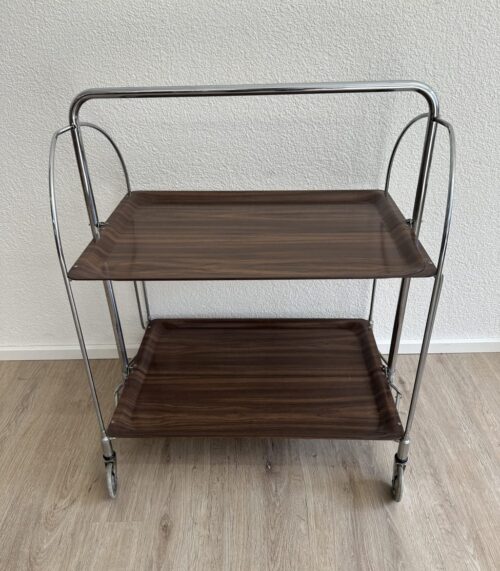Mid-Century Servierwagen aus Holzfurnier mit Chromgestell