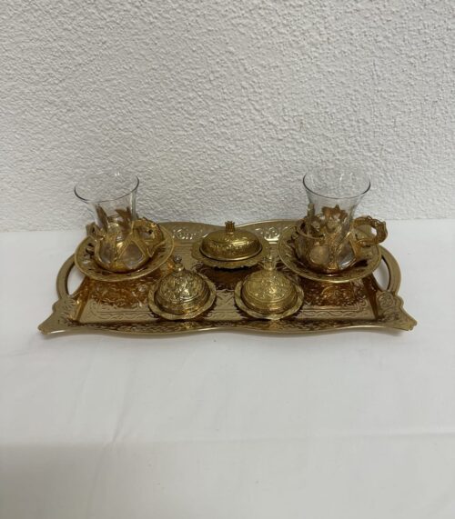 Orientalisches Teeservice aus Metall und Glas mit Tablett