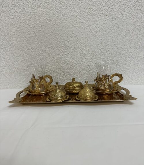 Orientalisches Teeservice aus Metall und Glas mit Tablett
