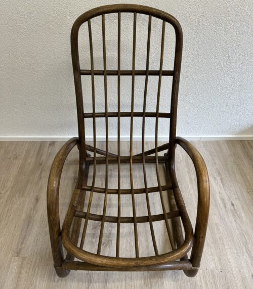 Mid Century Wippstuhl aus Holz mit Gitterrueckenlehne