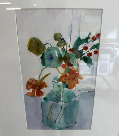 Modernes Aquarellgemälde mit Blumen in Glasvase im Holzrahmen