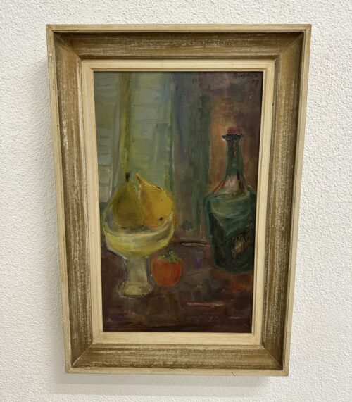 Vintage Stillleben Ölbild auf Leinwand mit Früchten und Flasche