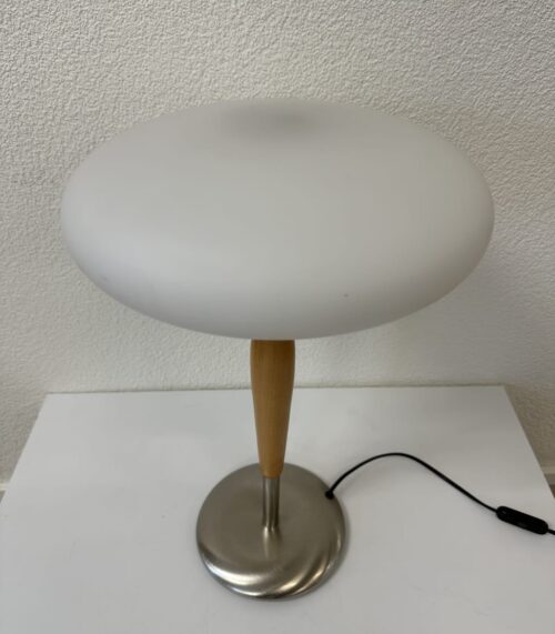 Vintage Stehleuchte Holz Metall mit rundem weissem Schirm